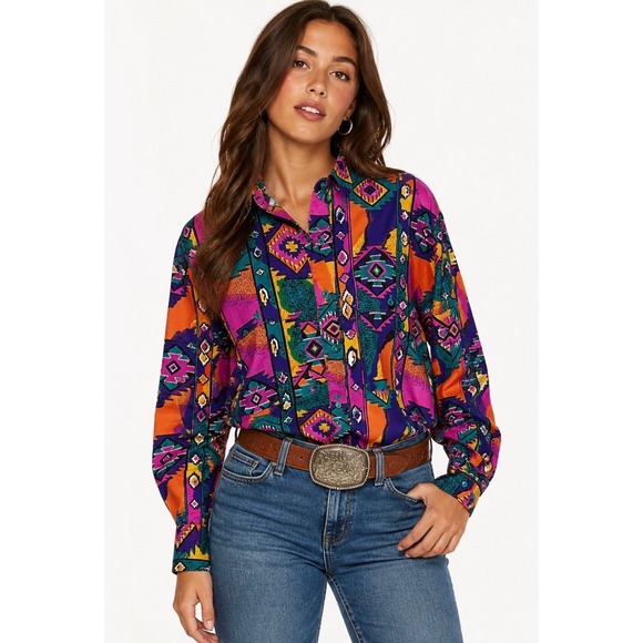 Wrangler Tops - VTG 90s Wrangler Aztec Navajo Southwestern Shirt Womens Size L Cowgirl Rodeo